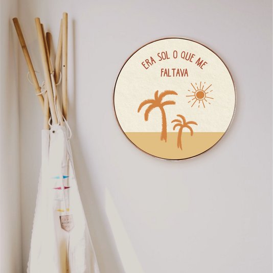 Quadro Decorativo Redondo Frase Era Sol Que Me Faltava com Moldura Flexível Metalizada