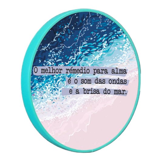 Quadro Decorativo Redondo Frase O Melhor Remédio Para Alma é o Som das Ondas e a Brisa do Mar com Moldura Filete Flexível