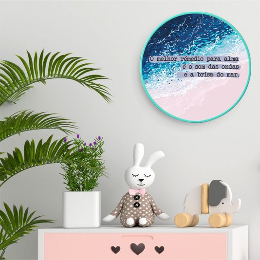 Quadro Decorativo Redondo Frase O Melhor Remédio Para Alma é o Som das Ondas e a Brisa do Mar com Moldura Filete Flexível