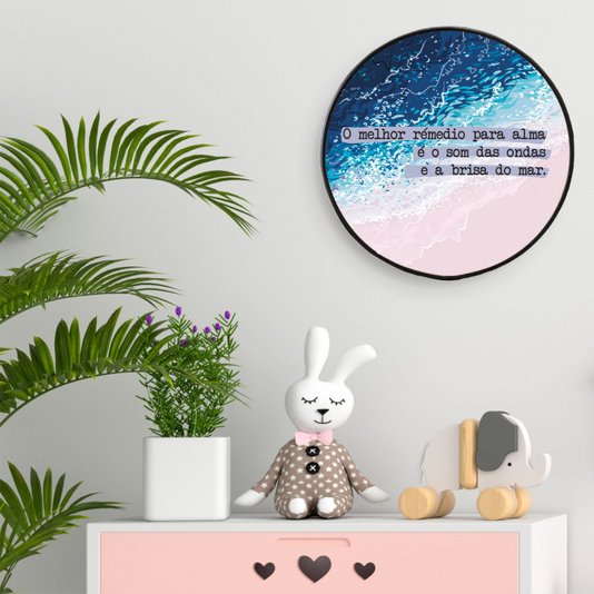 Quadro Decorativo Redondo Frase O Melhor Remédio Para Alma é o Som das Ondas e a Brisa do Mar com Moldura Filete Flexível