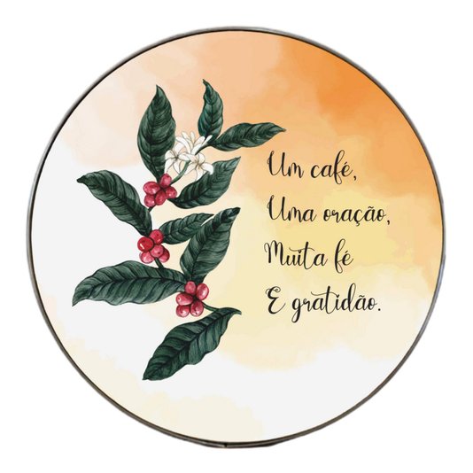 Quadro Decorativo Redondo Frase Um Café, Uma Oração, Muita Fé e Gratidão com Moldura flexível Metalizada