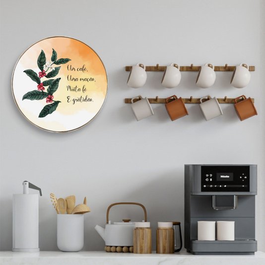 Quadro Decorativo Redondo Frase Um Café, Uma Oração, Muita Fé e Gratidão com Moldura flexível Metalizada