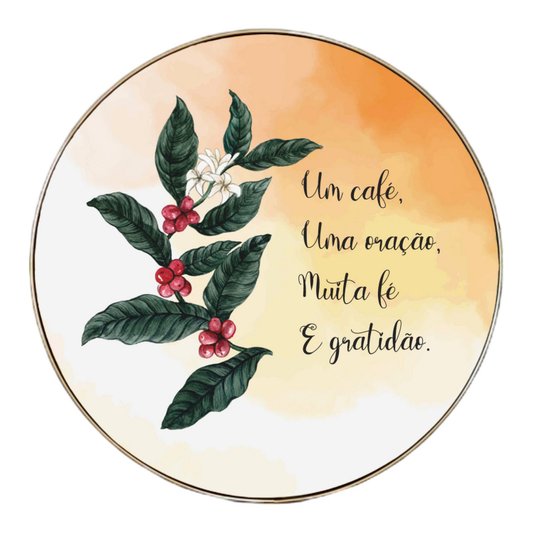 Quadro Decorativo Redondo Frase Um Café, Uma Oração, Muita Fé e Gratidão com Moldura flexível Metalizada