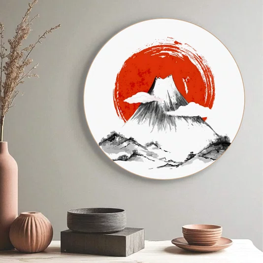 Quadro Decorativo Redondo Fujisan Taiyo Pintura do Monte Fuji em Frente ao Sol no Estilo Sumiê com Moldura em Couro Sint