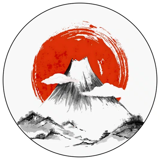 Quadro Decorativo Redondo Fujisan Taiyo Pintura do Monte Fuji em Frente ao Sol no Estilo Sumiê com Moldura em Couro Sint