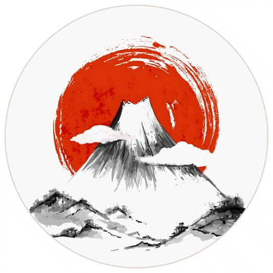 Quadro Decorativo Redondo Fujisan Taiyo Pintura do Monte Fuji em Frente ao Sol no Estilo Sumiê com Moldura em Couro Sint