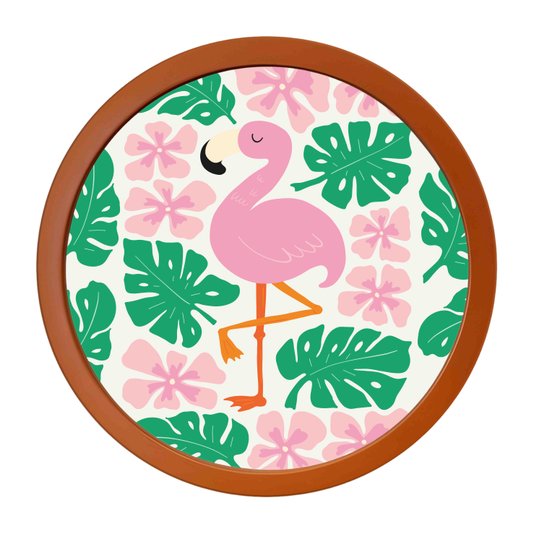 Quadro Decorativo Redondo Animais Flamingo Com MDF Laqueado