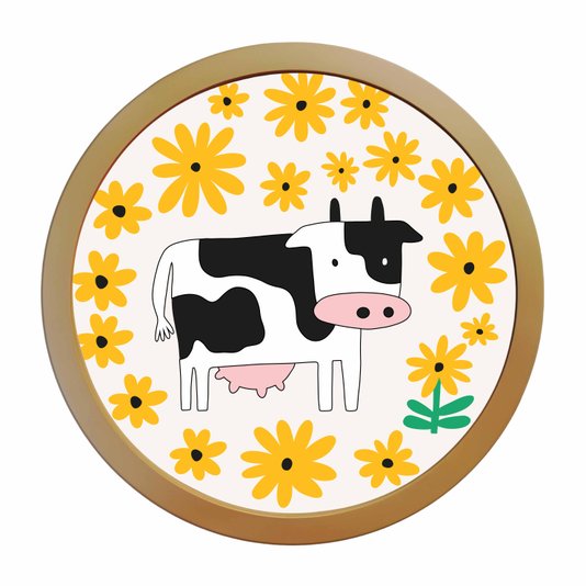 Quadro Decorativo Redondo Animais Vaquinha Com MDF Laqueado