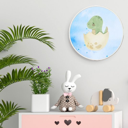 Quadro Decorativo Redondo Infantil Dinossauro Bebê Braquiossauro Fofinho com Moldura Filete Flexível