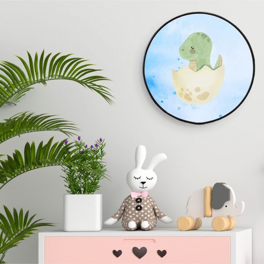 Quadro Decorativo Redondo Infantil Dinossauro Bebê Braquiossauro Fofinho com Moldura Filete Flexível