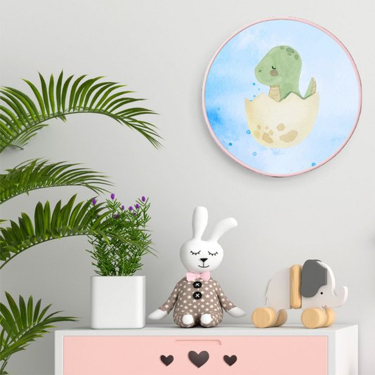 Quadro Decorativo Redondo Infantil Dinossauro Bebê Braquiossauro Fofinho com Moldura Filete Flexível