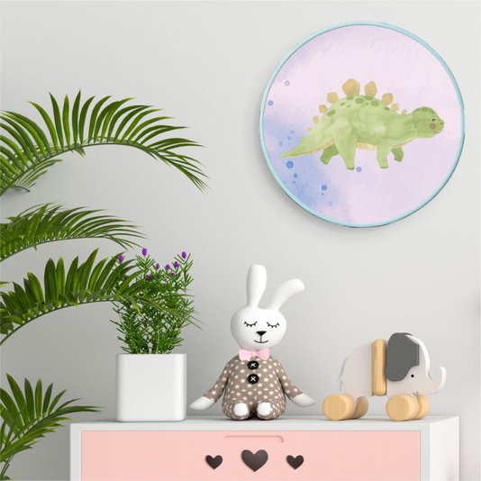 Quadro Decorativo Redondo Infantil Dinossauro Estegossuro Fofinho com Moldura Filete Flexível