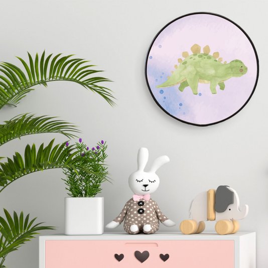 Quadro Decorativo Redondo Infantil Dinossauro Estegossuro Fofinho com Moldura Filete Flexível