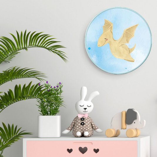 Quadro Decorativo Redondo Infantil Dinossauro Pterodáctilo Fofinho com Moldura Filete Flexível