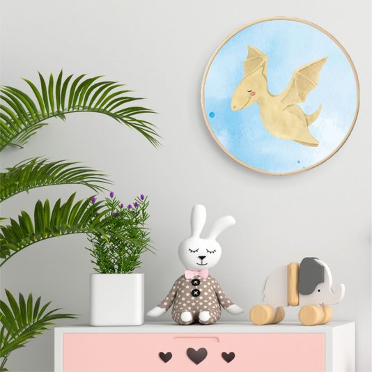 Quadro Decorativo Redondo Infantil Dinossauro Pterodáctilo Fofinho com Moldura Filete Flexível