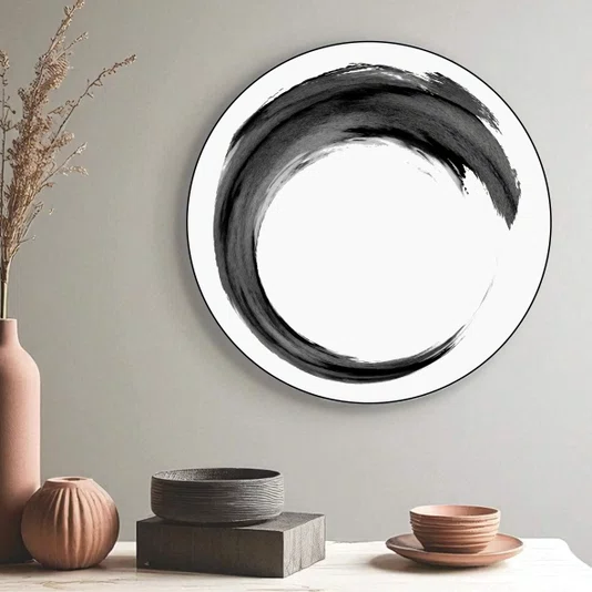 Quadro Decorativo Redondo Inku Traço de Tinta Enso no Estilo Sumiê com Moldura em Couro Sintético