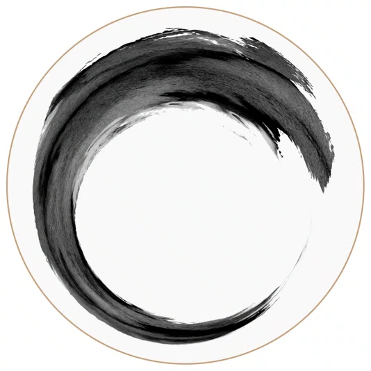 Quadro Decorativo Redondo Inku Traço de Tinta Enso no Estilo Sumiê com Moldura em Couro Sintético