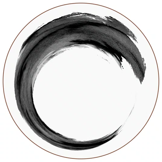 Quadro Decorativo Redondo Inku Traço de Tinta Enso no Estilo Sumiê com Moldura em Couro Sintético