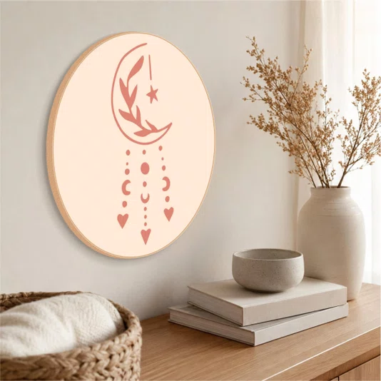 Quadro Decorativo Redondo Lua com Corações Boho