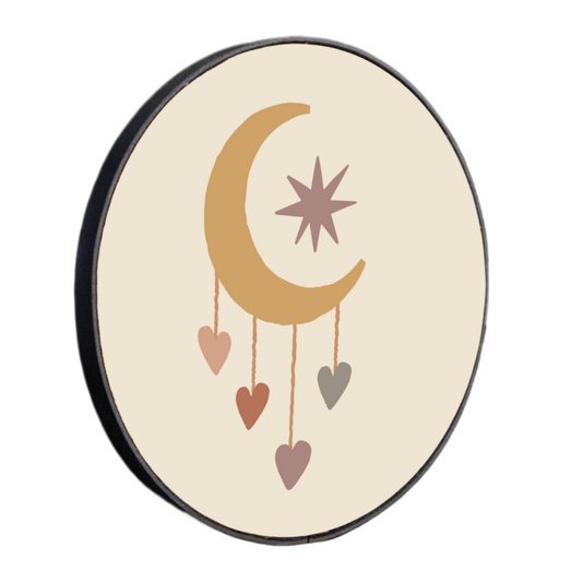 Quadro Decorativo Redondo Lua e Corações com Moldura em Couro Sintético