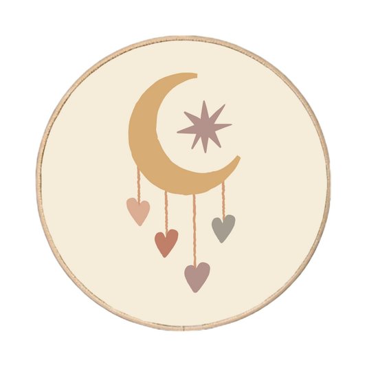 Quadro Decorativo Redondo Lua e Corações com Moldura em Couro Sintético