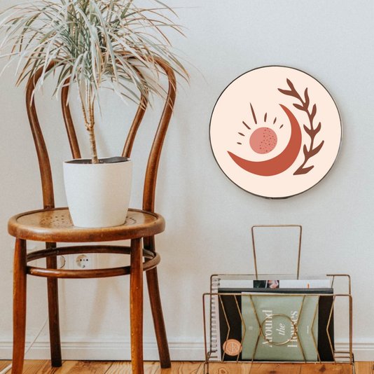 Quadro Decorativo Redondo Lua e Folha com Moldura Flexível Metalizada
