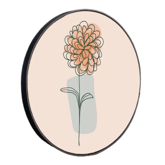 Quadro Decorativo Redondo Silhueta Flor Laranja Detalhe Azul com Moldura em Couro Sintético