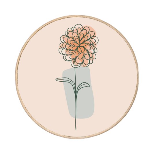 Quadro Decorativo Redondo Silhueta Flor Laranja Detalhe Azul com Moldura em Couro Sintético