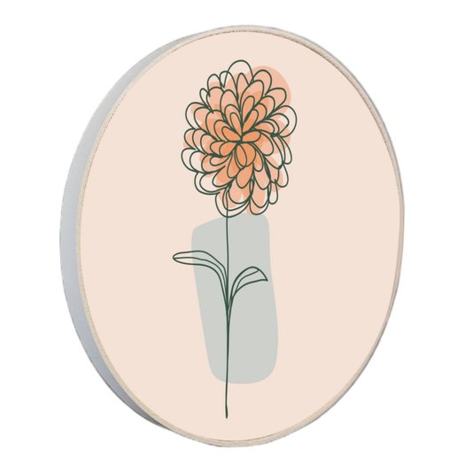 Quadro Decorativo Redondo Silhueta Flor Laranja Detalhe Azul com Moldura em Couro Sintético