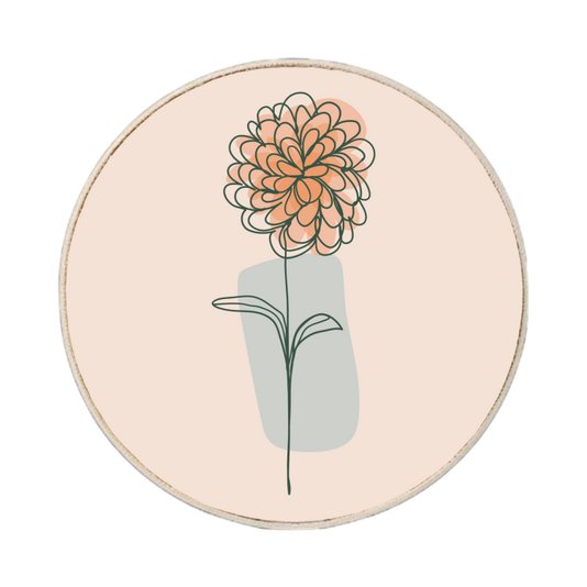 Quadro Decorativo Redondo Silhueta Flor Laranja Detalhe Azul com Moldura em Couro Sintético
