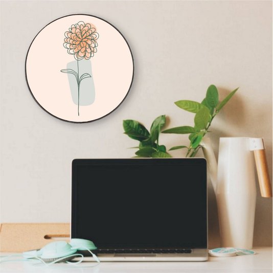 Quadro Decorativo Redondo Silhueta Flor Laranja Detalhe Azul com Moldura em Couro Sintético