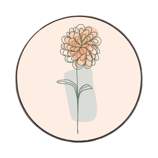 Quadro Decorativo Redondo Silhueta Flor Laranja Detalhe Azul com Moldura em Couro Sintético