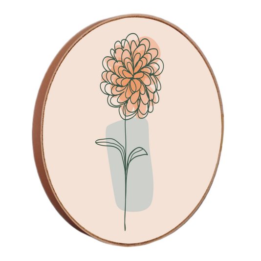 Quadro Decorativo Redondo Silhueta Flor Laranja Detalhe Azul com Moldura em Couro Sintético