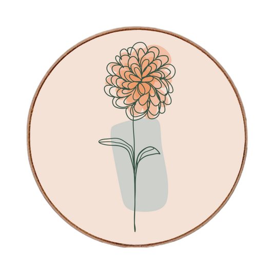 Quadro Decorativo Redondo Silhueta Flor Laranja Detalhe Azul com Moldura em Couro Sintético