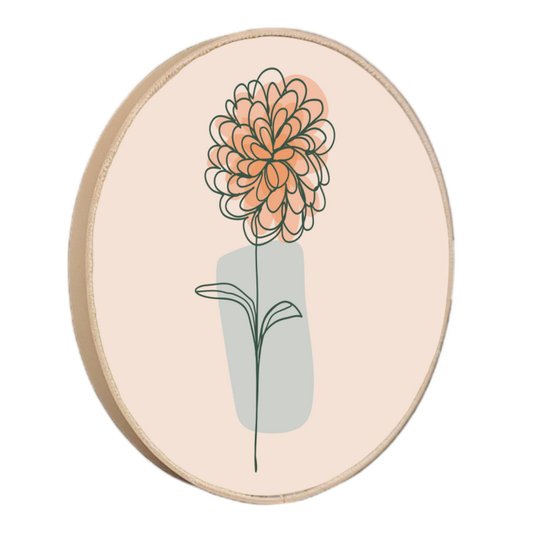 Quadro Decorativo Redondo Silhueta Flor Laranja Detalhe Azul com Moldura em Couro Sintético
