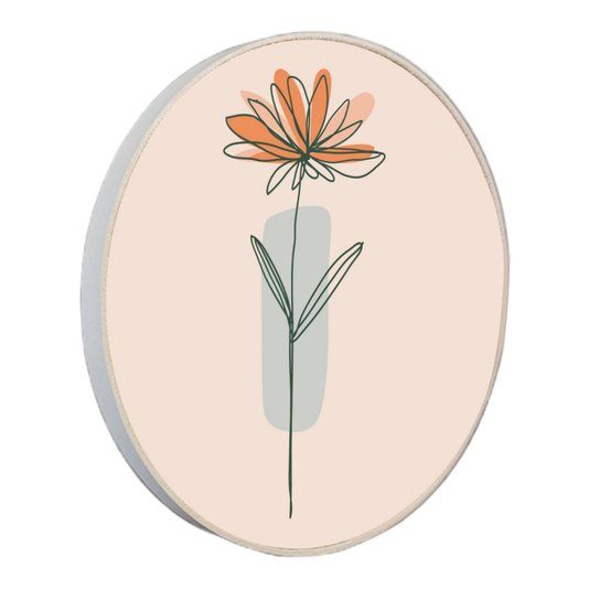 Quadro Decorativo Redondo Silhueta Flor Laranja e Detalhe Azul com Moldura em Couro Sintético