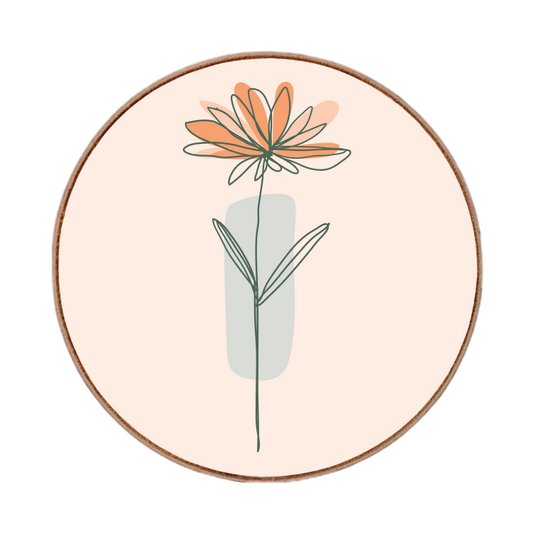 Quadro Decorativo Redondo Silhueta Flor Laranja e Detalhe Azul com Moldura em Couro Sintético