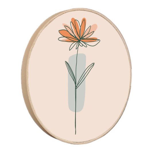 Quadro Decorativo Redondo Silhueta Flor Laranja e Detalhe Azul com Moldura em Couro Sintético
