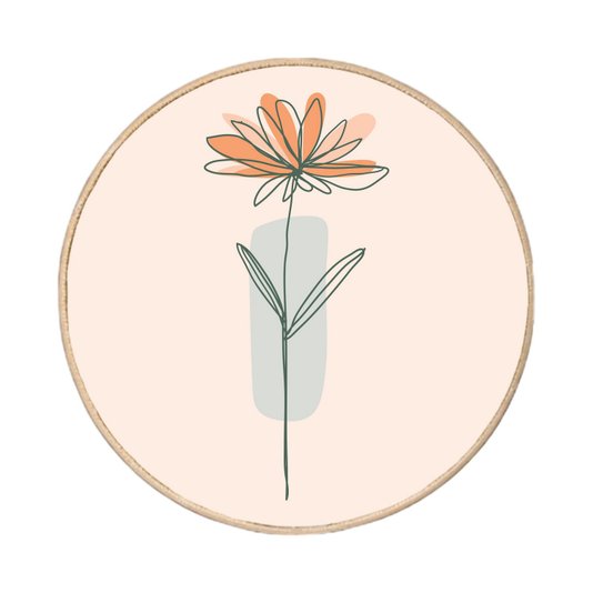 Quadro Decorativo Redondo Silhueta Flor Laranja e Detalhe Azul com Moldura em Couro Sintético