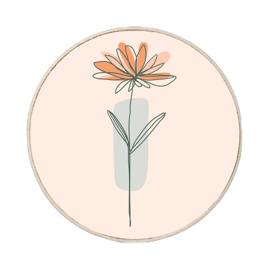 Quadro Decorativo Redondo Silhueta Flor Laranja e Detalhe Azul com Moldura em Couro Sintético