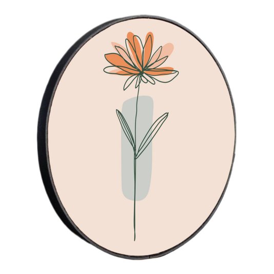 Quadro Decorativo Redondo Silhueta Flor Laranja e Detalhe Azul com Moldura em Couro Sintético
