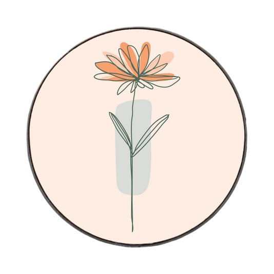 Quadro Decorativo Redondo Silhueta Flor Laranja e Detalhe Azul com Moldura em Couro Sintético