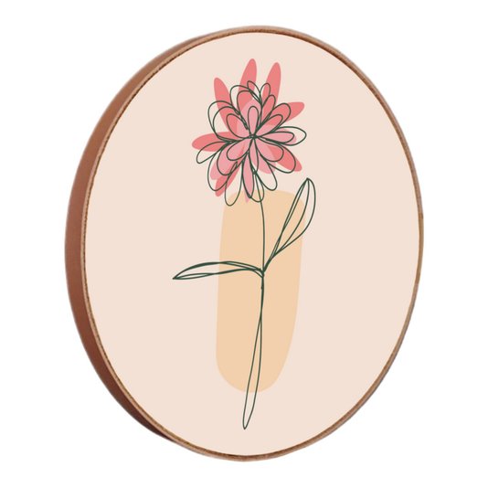 Quadro Decorativo Redondo Silhueta Flor Rosa Detalhe Laranja com Moldura em Couro Sintético