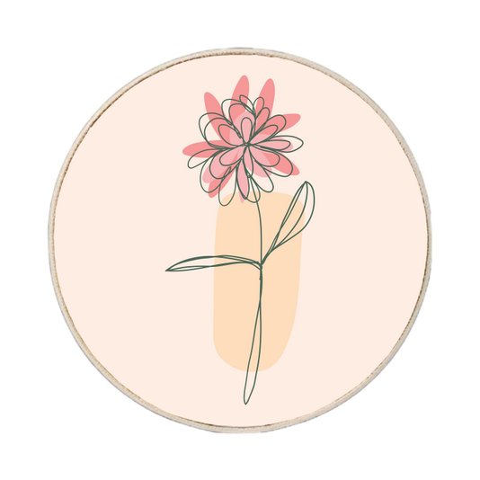 Quadro Decorativo Redondo Silhueta Flor Rosa Detalhe Laranja com Moldura em Couro Sintético
