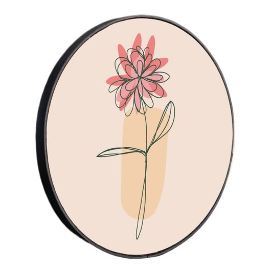 Quadro Decorativo Redondo Silhueta Flor Rosa Detalhe Laranja com Moldura em Couro Sintético