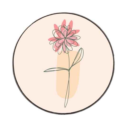 Quadro Decorativo Redondo Silhueta Flor Rosa Detalhe Laranja com Moldura em Couro Sintético