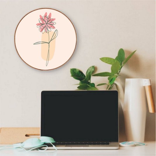 Quadro Decorativo Redondo Silhueta Flor Rosa Detalhe Laranja com Moldura em Couro Sintético