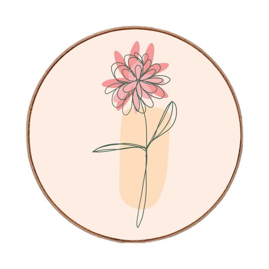 Quadro Decorativo Redondo Silhueta Flor Rosa Detalhe Laranja com Moldura em Couro Sintético