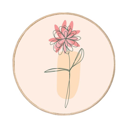 Quadro Decorativo Redondo Silhueta Flor Rosa Detalhe Laranja com Moldura em Couro Sintético
