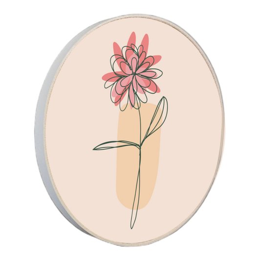 Quadro Decorativo Redondo Silhueta Flor Rosa Detalhe Laranja com Moldura em Couro Sintético